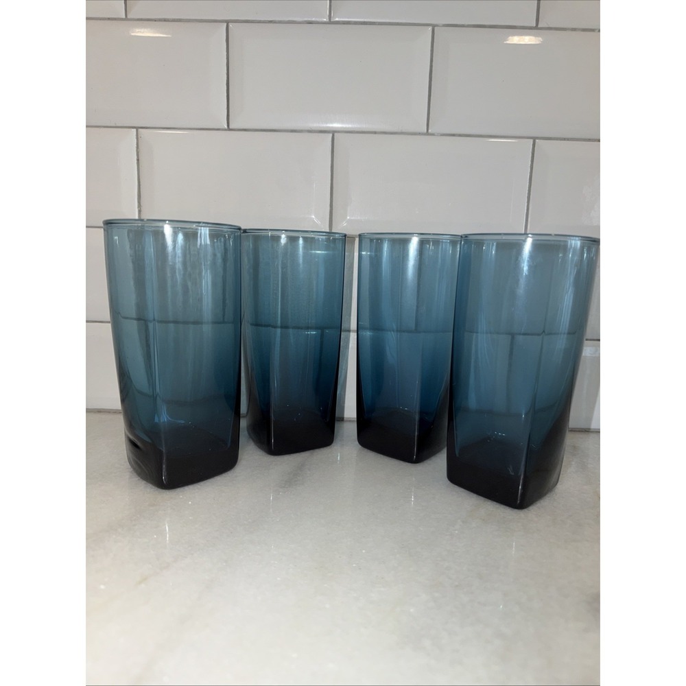 Set Of‎ 4 Anchor Hocking Rio Coastal Blue Flat Square Tumblers GW008